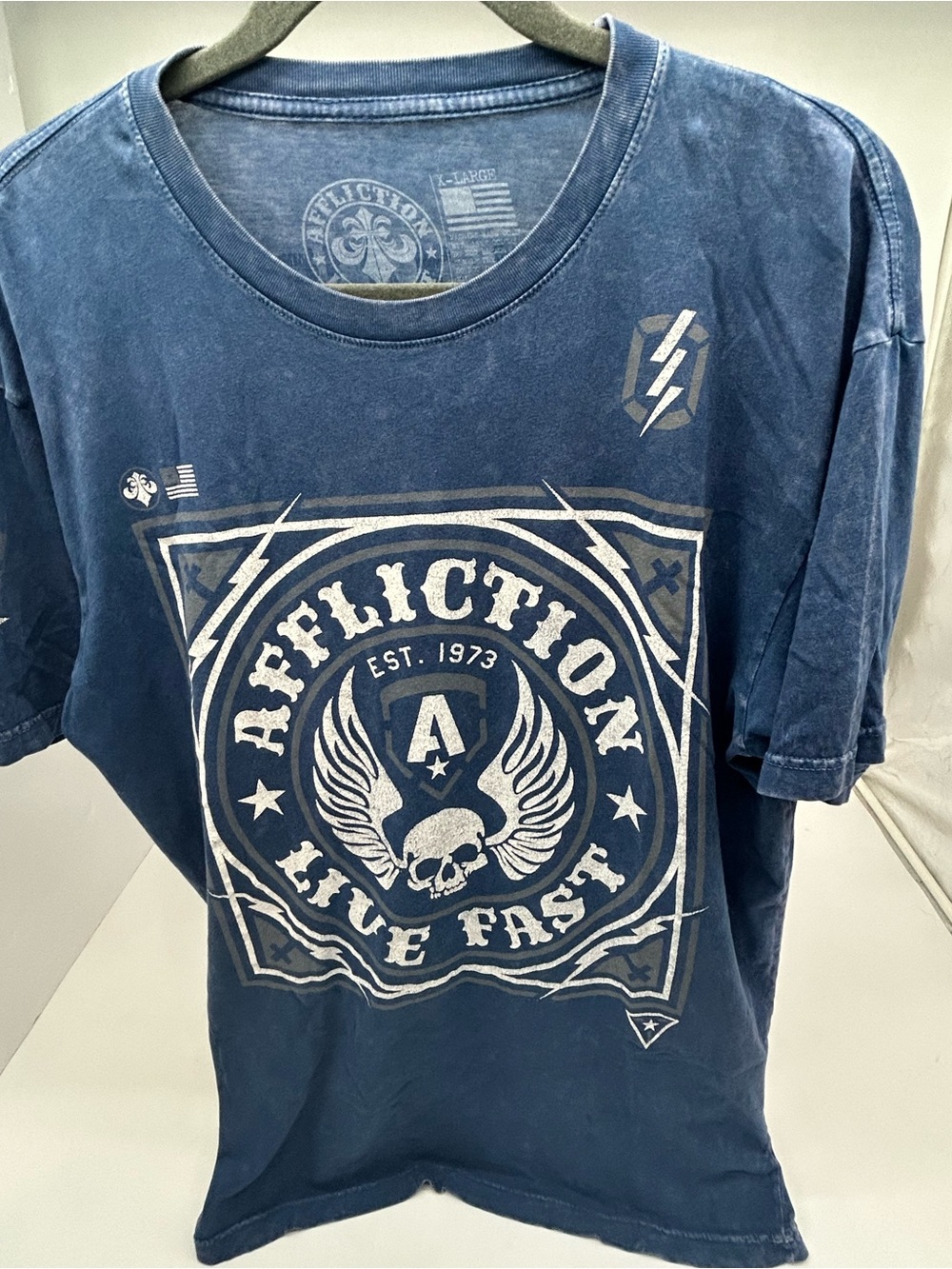 Affliction Vintage Y2K Men’s Blue Graphic 'Live Fast' Skull Tee XL